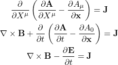 \begin{gather*}\pder{X^\mu}\left(\pder[\Bf{A}]{X^{\mu}}-\pder[A_{\mu}]{\Bf{x}}\right) = \Bf{J}\\\curl\Bf{B} +\pder{t}\left(\pder[\Bf{A}]{t}-\pder[A_{0}]{\Bf{x}}\right)   = \Bf{J}\\\curl\Bf{B} - \pder[\Bf{E}]{t} = \Bf{J}\end{gather*}